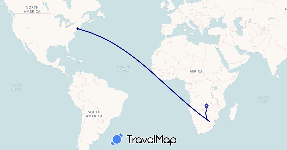 TravelMap itinerary: driving in Botswana, United States, South Africa, Zambia, Zimbabwe (Africa, North America)